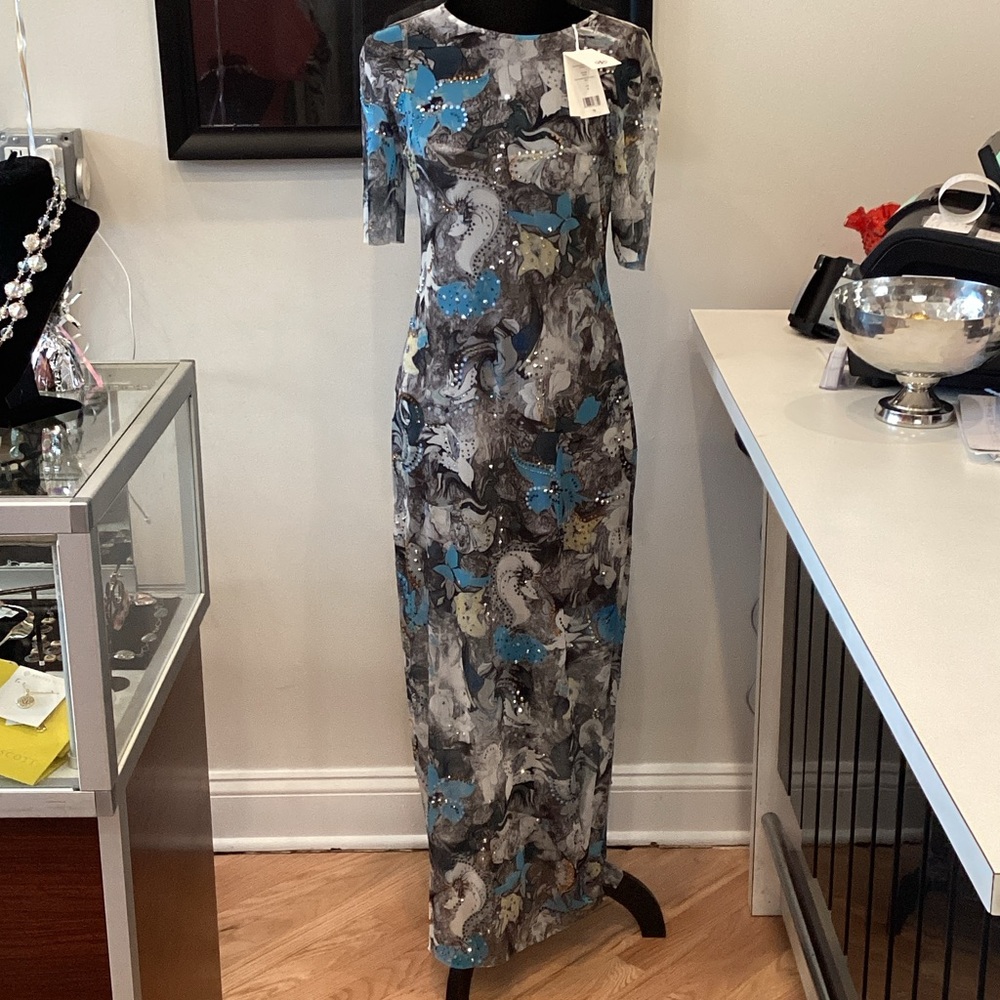 Tory Burch Blue and Gray Printed Maxi Dress